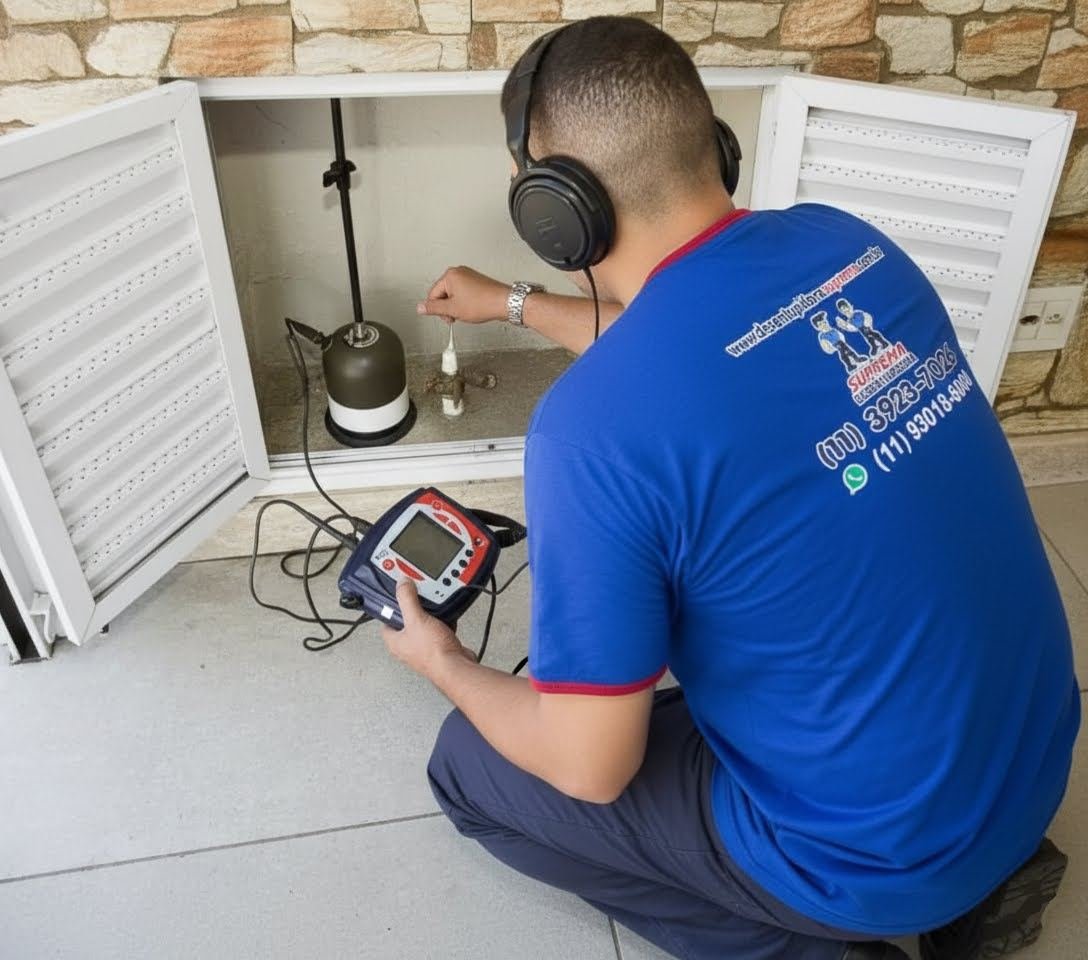 Técnico da Suprema Desentupidora usando geofone eletrônico em caça vazamento — bairro Eldorado, São Paulo