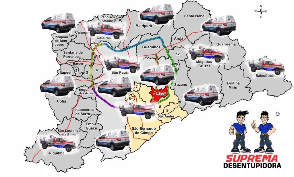 Mapa de atendimento da Suprema Desentupidora na Grande São Paulo com a frota distribuída pelas regiões